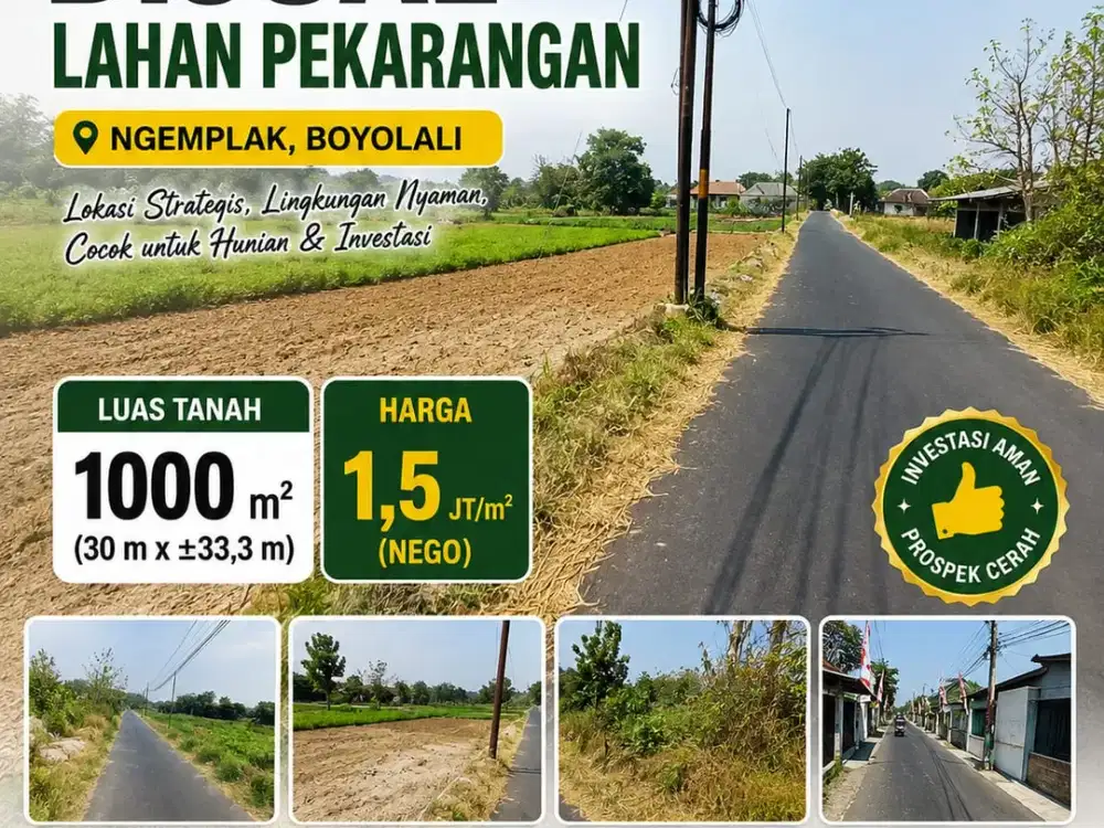 Dijual Lahan Pekarangan Zona Kuning Lokasi Strategis Ngemplak, Boyolali Luas 1000m2