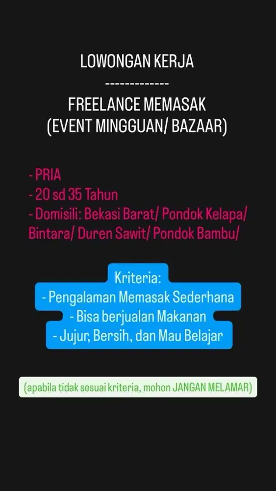 Freelance Memasak PRIA (Weekend/ Event)
