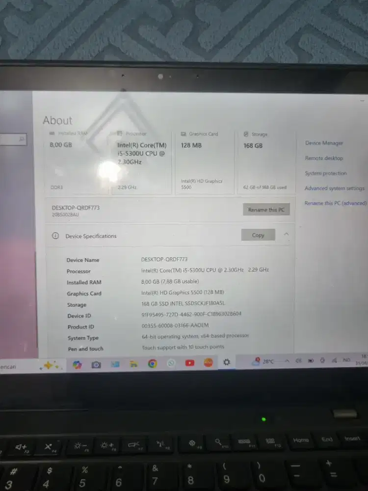 Laptop Thinkpad X1 Carbon. Ram 8 ssd 168. Intel core i5 5300u