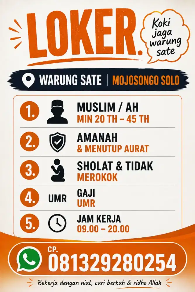 Dicari Koki dan jaga warung sate di mojosongo solo