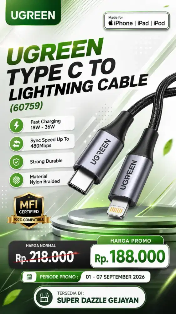 UGREEN TYPE C TO LIGHTNING MFI CABLE (60759)