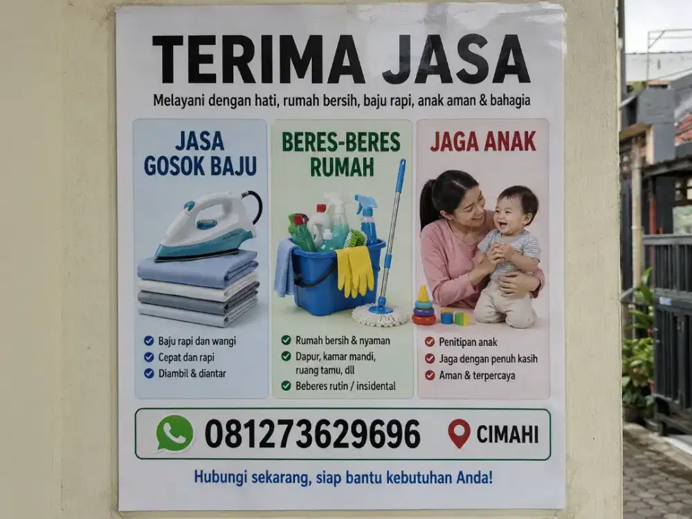 Menerima jasa setrika, beresin rumah & jaga anak