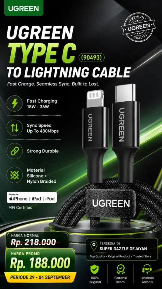 UGREEN TYPE C TO LIGHTNING MFI CABLE (90493)