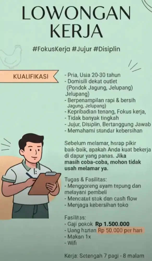 Dibutuhkan 1 orang laki2 untuk memasak & melayani pembeli ayam tepung