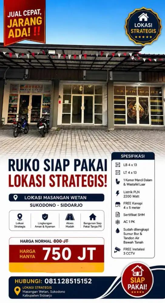 RUKO DEPAN JALAN RAYA -DEKAT TOL SIAP PAKAI SHM