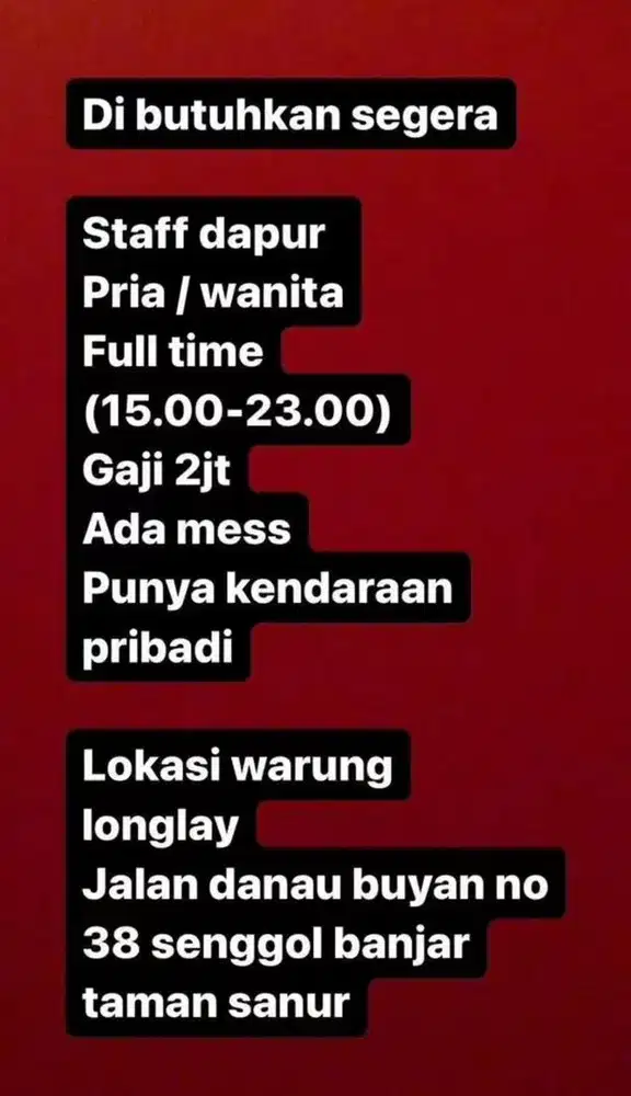 Dibutuhkan Segera - Staff Dapur