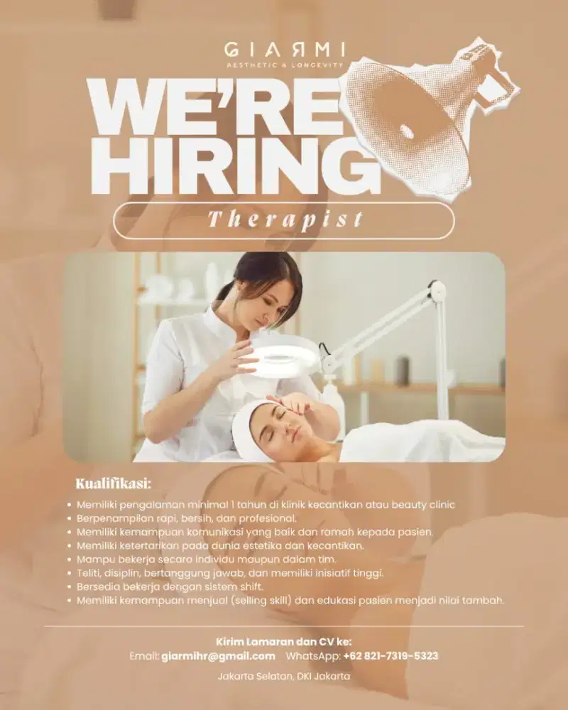 Dibutuhkan terapis untuk klinik aesthetic jaksel