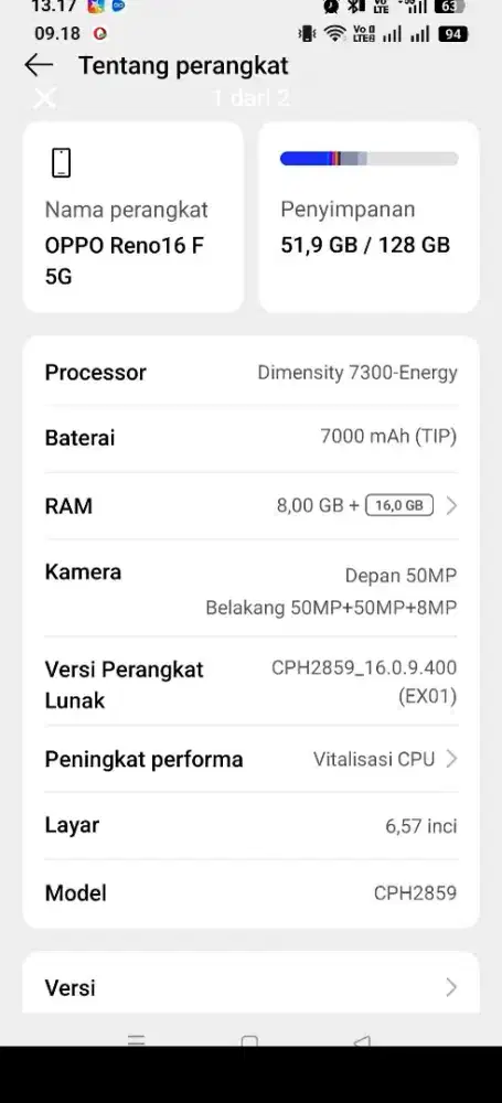 Oppo reno 16F baru seminggu