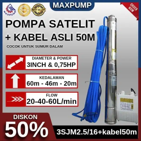 MAXPUMP Pompa Air Satelit 3Inch 0.75HP kabel 50m Submersible Water