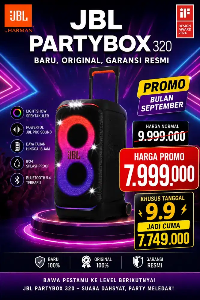 PROMO‼️ 
JBL PARTYBOX 320 ORIGINAL, BARU, BERGARANSI
HARGA KHUSUS‼️