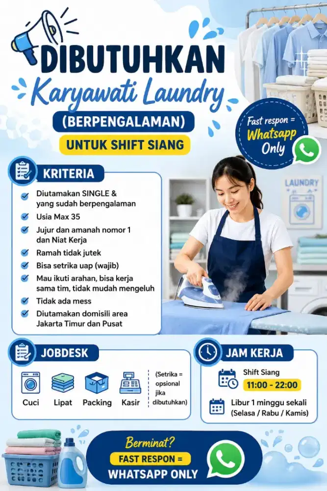 Dibutuhkan Karyawati Laundry