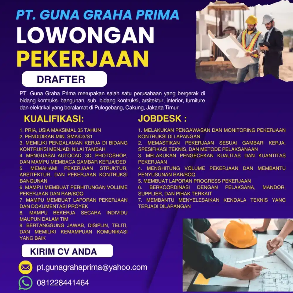 INFO LOWONGAN KERJA DRAFTER ARSITEKTUR