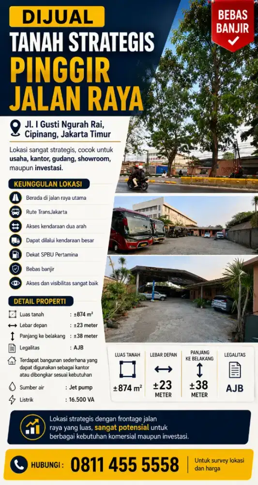 Jual tanah strategis pinggir jalan raya i gusti ngurah rai cipinang