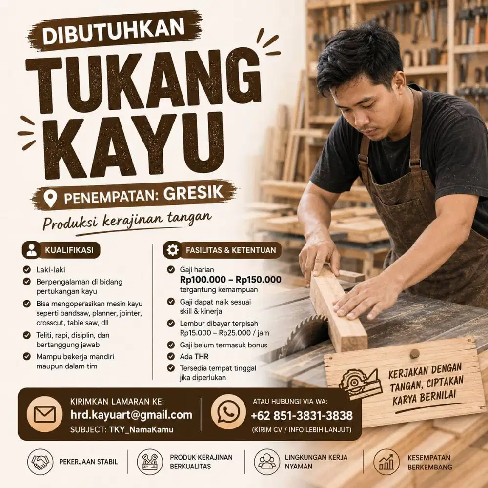 Tukang Kayu – Gaji Harian 100–150 Ribu | Gresik Lowongan Kerja
