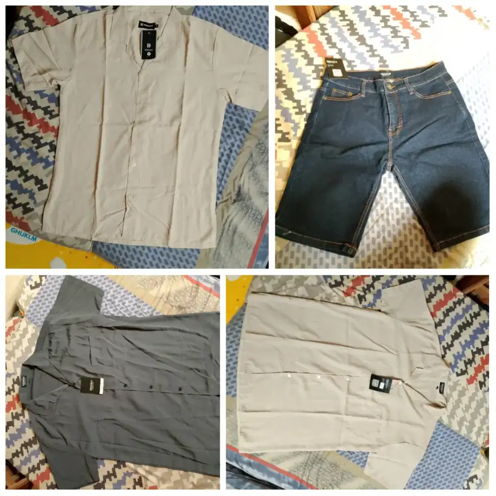 Kemeja dan celana pendek jeans