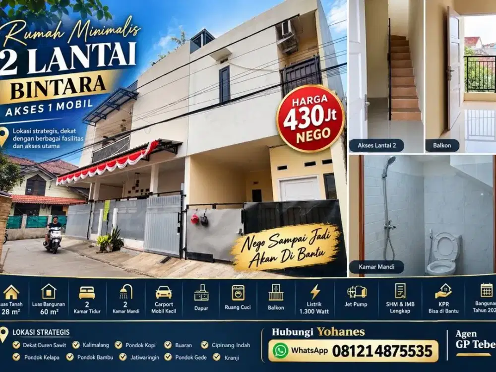 Rumah minimalis 2 lantai Bintara akses 1 mobil