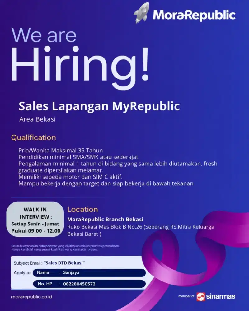Dibutuhkan Segera Sales Lapangan Mora Republic