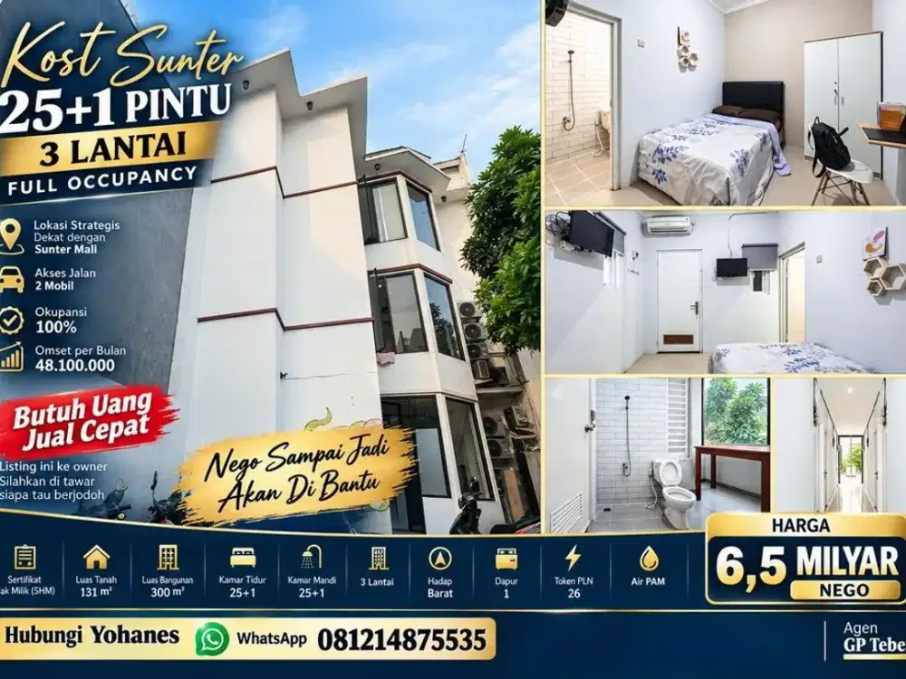Kost Sunter 25+1 Pintu 3 Lantai Full Occupancy