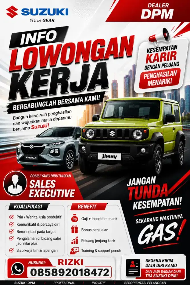 LOWONGAN KERJA SALES MOBIL BARU SUZUKI PENGHASILAN TIDAK TERBATAS