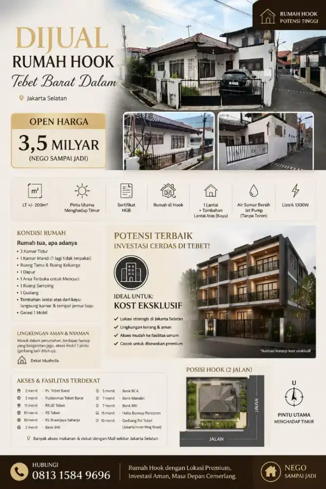 RUMAH HOOK JAKSEL LT ±200 M² | TEBET | POTENSI KOST EKSKLUSIF |