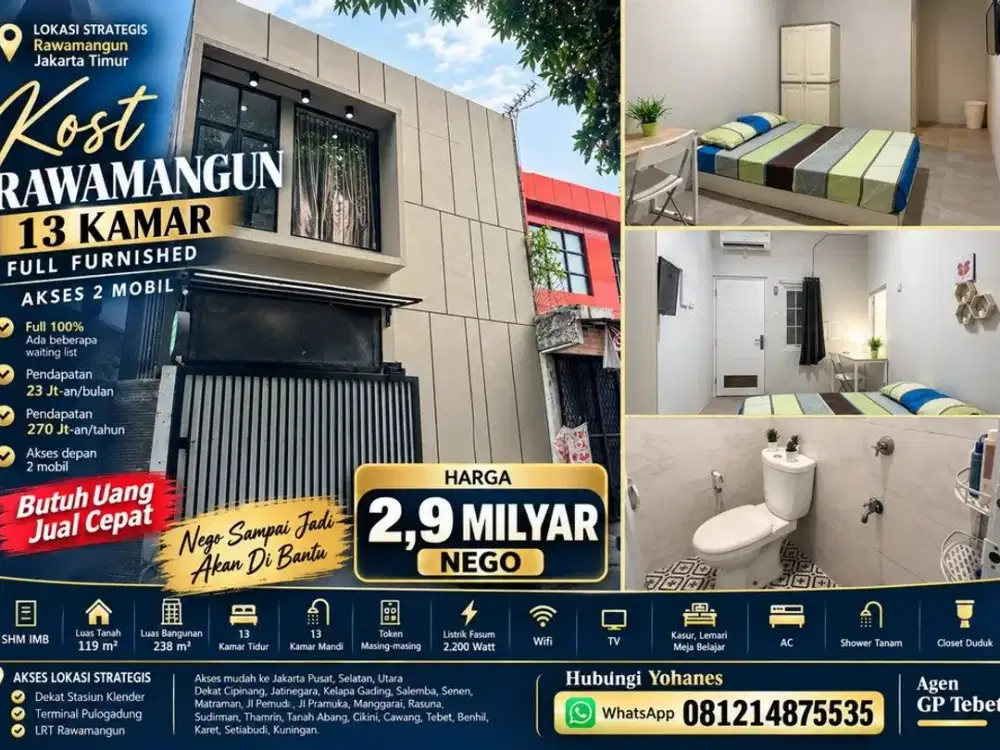 Kost Rawamangun 13 Kamar Full Furnished Akses 2 Mobil