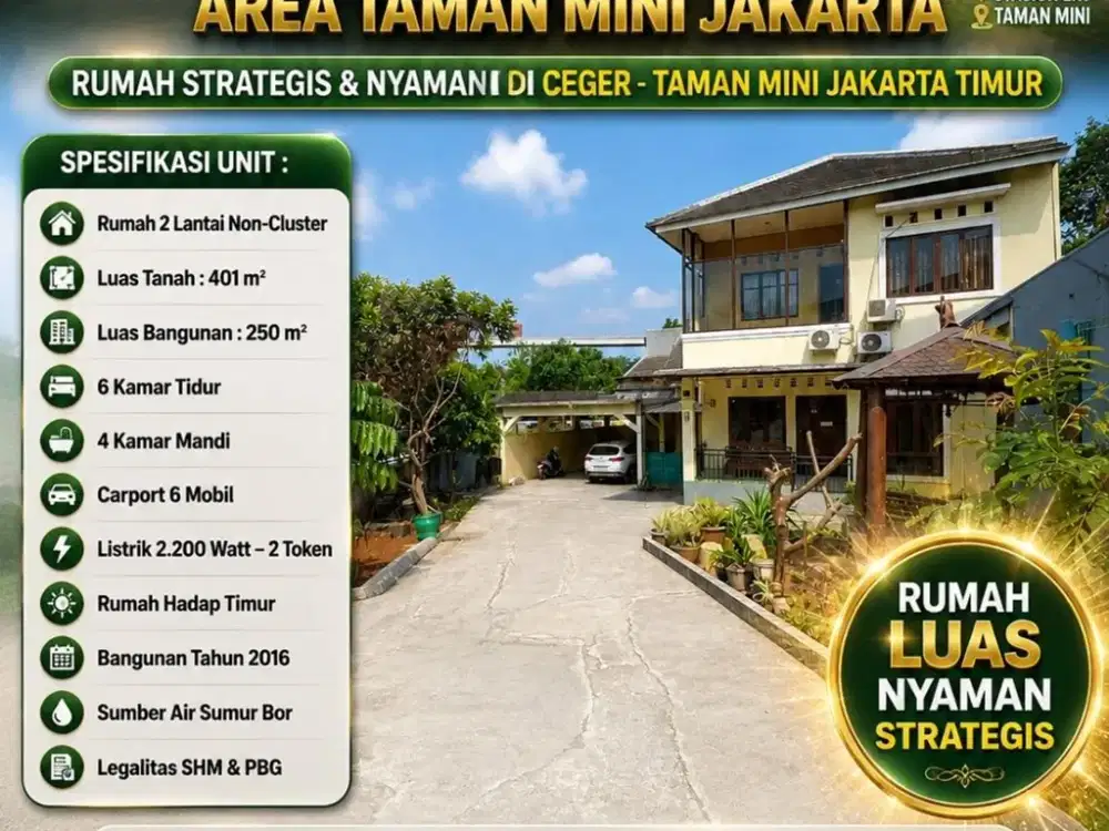 Rumah 2 Lantai Luas 400 Meter Dekat Stasiun LRT Taman Mini Jakarta Timur