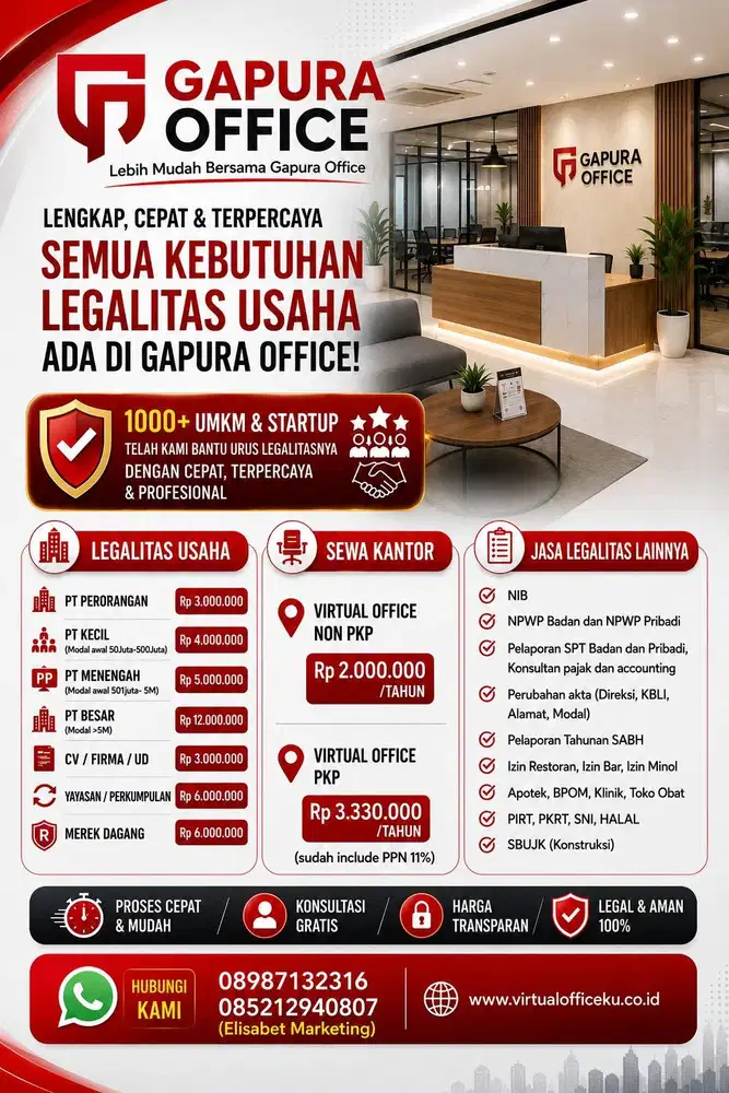 JASA LEGALITAS PERIZINAN, VIRTUAL OFFICE DAN SEWA RUANGAN KANTOR