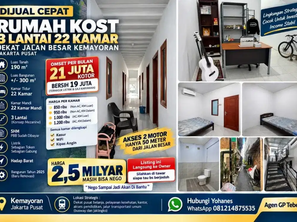 Rumah Kost 22 Kamar Dekat Jalan Besar Kemayoran Jakpus