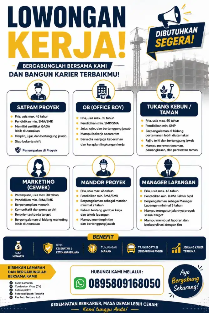 DI CARI SATPAM PROYEK, OB,TUKANH KEBUN, MARKETING