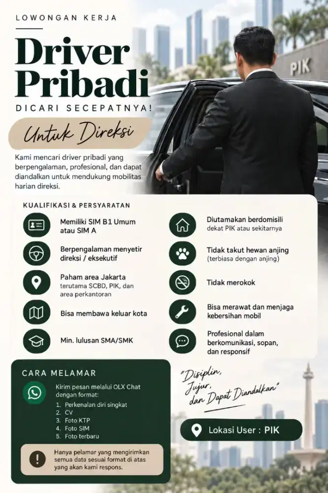DICARI DRIVER PRIBADI DENGAN SIM B1/B1 UMUM BERPENGALAMAN
