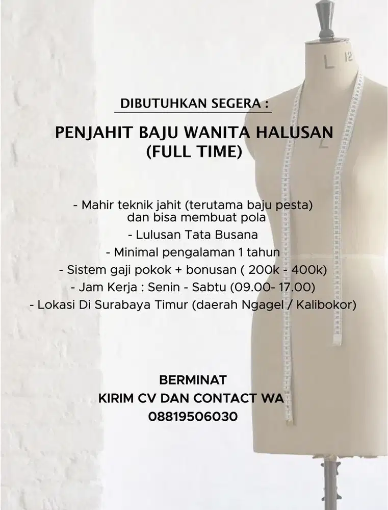DICARI PENJAHIT WANITA untuk baju pesta lokasi pucang