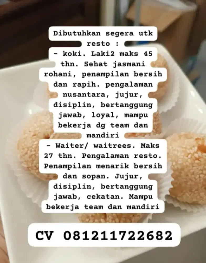 Lowongan kerja koki dan waiters