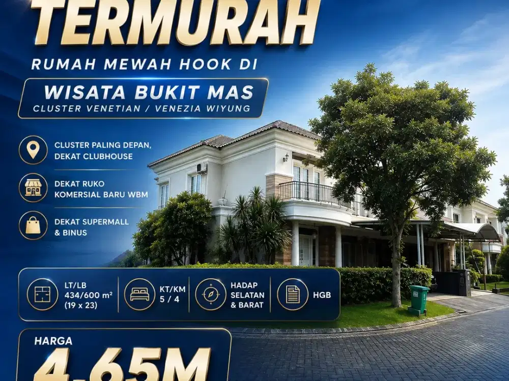 Dijual Termurah Rumah Mewah Hook di Wisata Bukit Mas Cluster Venetian