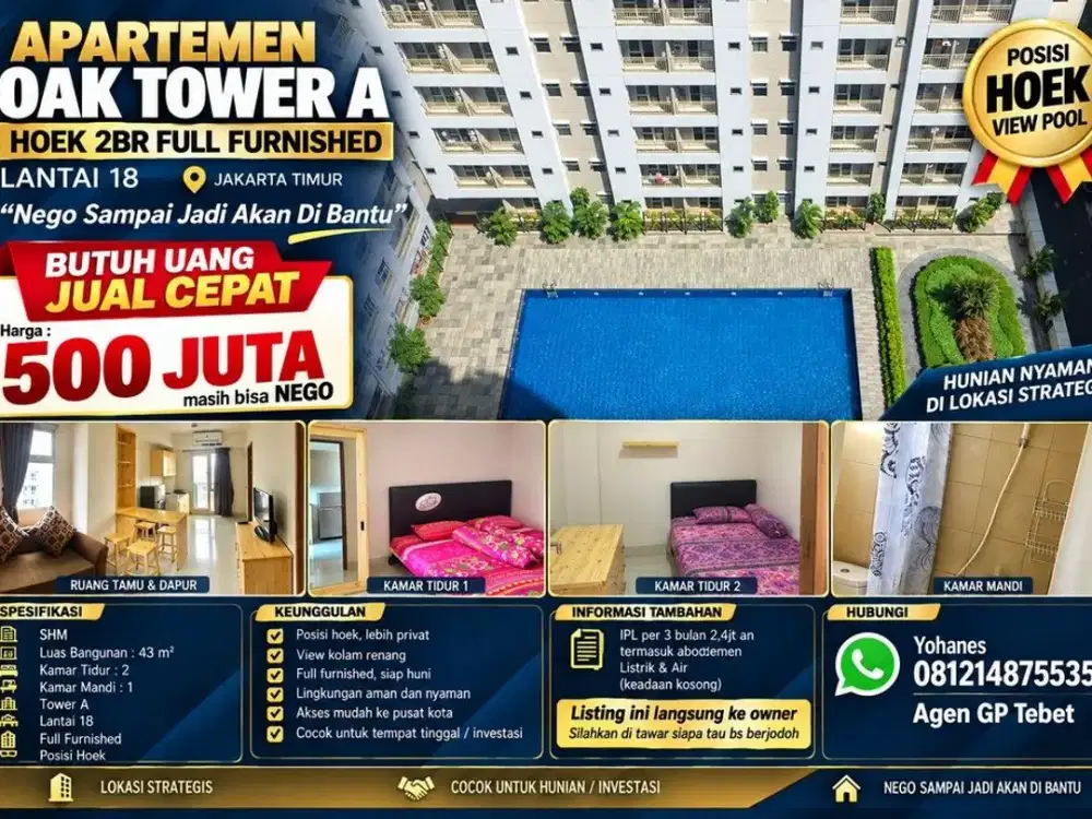 Apartemen Oak Tower A HOEK!! 2BR Full Furnished Lantai 18