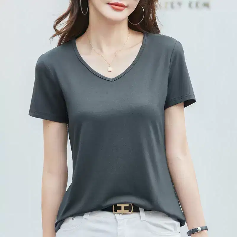 Kaos wanita V neck lengan pendek warna abu-abu polos casual