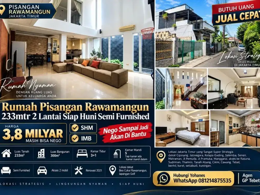 Rumah Pisangan Rawamangun 233mtr 2 lantai siap Huni semi furnished