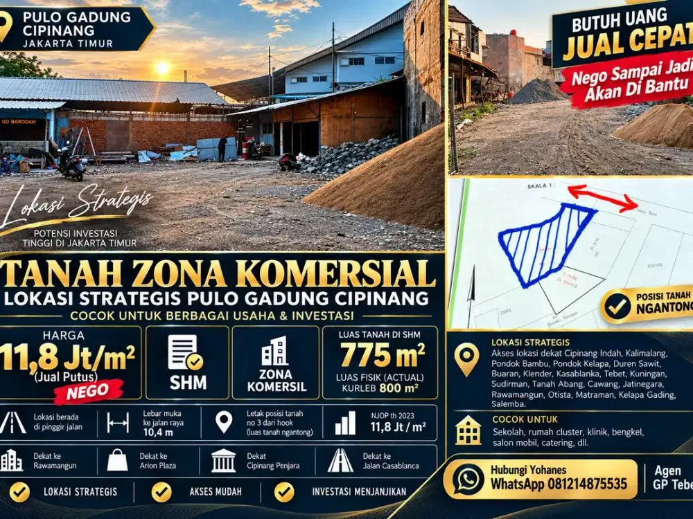 Tanah Zona Komersial Lokasi Strategis Pulo Gadung Cipinang