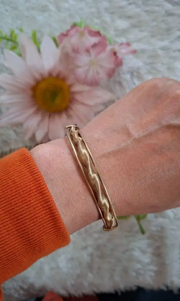 Handcrafted Wire Wrapped Cuff Bangle - Elegant Gold Tone Wave Statemen