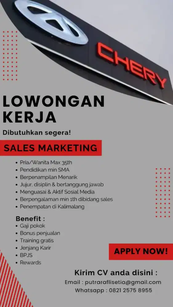 Lowongan kerja sales mobil CHERY