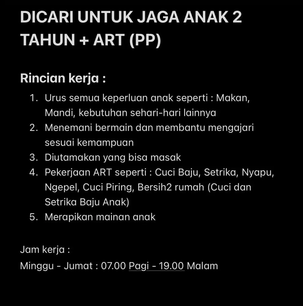 DICARI UNTUK JAGA ANAK 2 TAHUN + ART (PP)