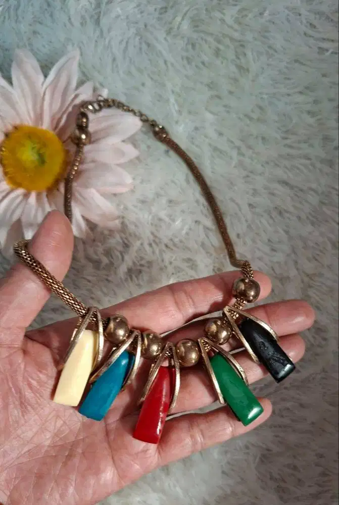 Vintage Multi-Color Charm Statement Necklace | Retro Gold-Tone Bib Nec