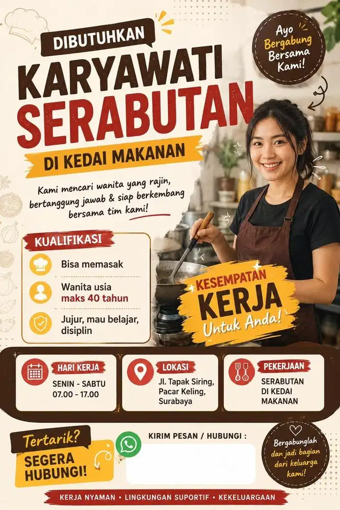 Dibutuhkan karyawati serabutan Kedai
