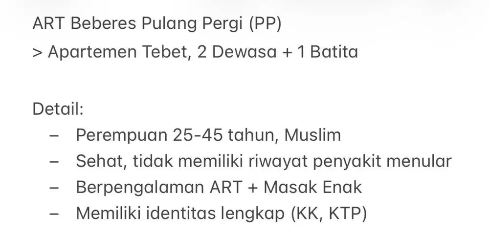 ART Apartemen Beberes Pulang Pergi (PP)