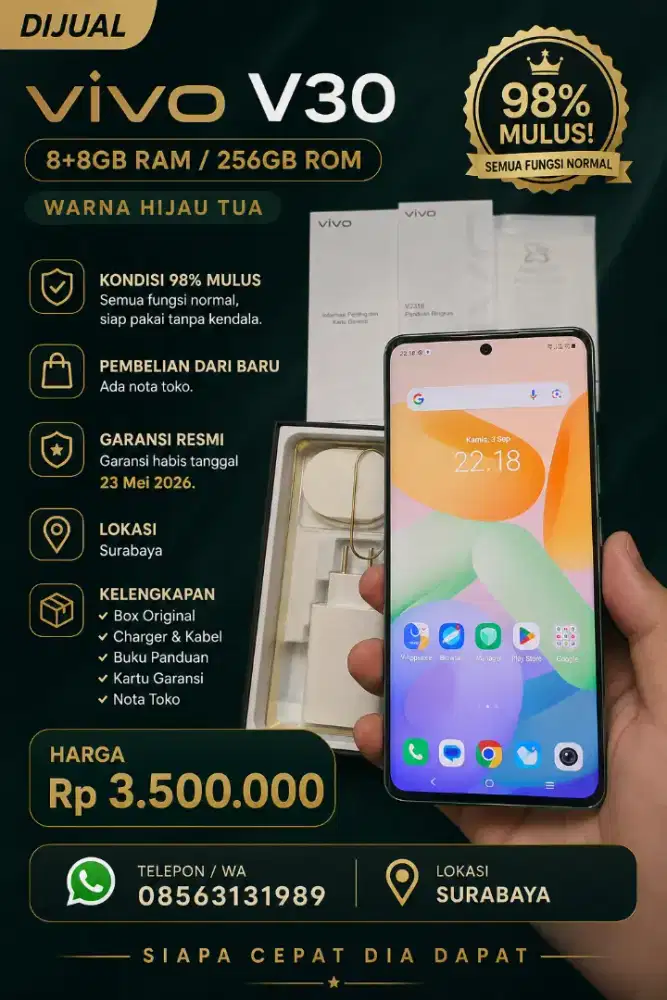 Dijual HP Vivo V30 8+8 / 256 GB Mulus 98%