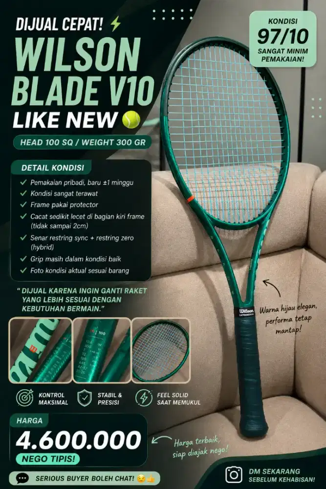 Dijual Raket Tennis Wilson Blade V10 berat 300gr head size 100sq Hijau
