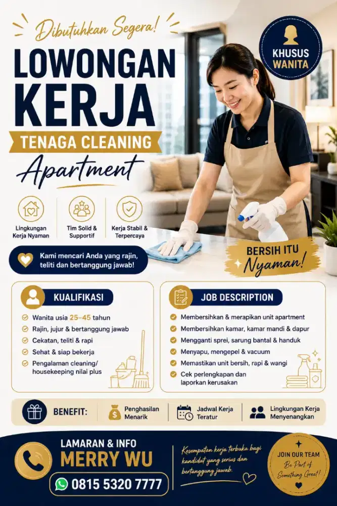 Lowongan Cleaning Apartment – Wanita 25–45 Tahun