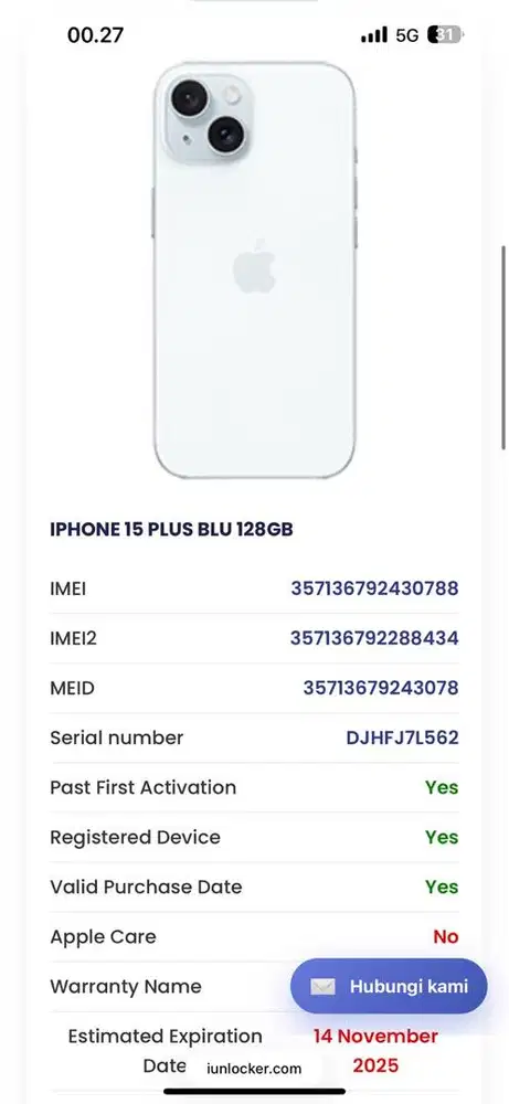 IPHONE 15 plus blue 128 gb, no minus al operator