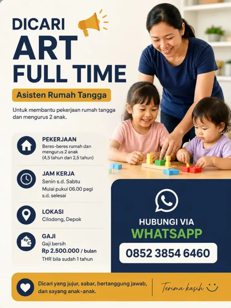 Dibutuhkan ART Fulltime (Tidak Menginap)