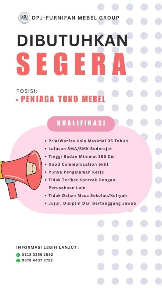 Dicari penjaga toko meubel