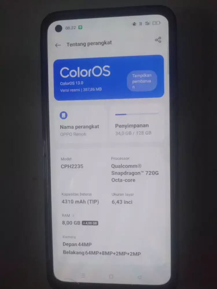 Hp Oppo Reno 6, 8+4,  kmra dpn 44mp mulus